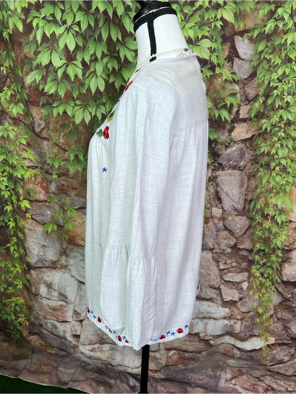 FALMER HERITAGE Pale Gray Embroidered Bohemian Peasant Blouse, UK 12/ US 8 - Picture 7 of 14